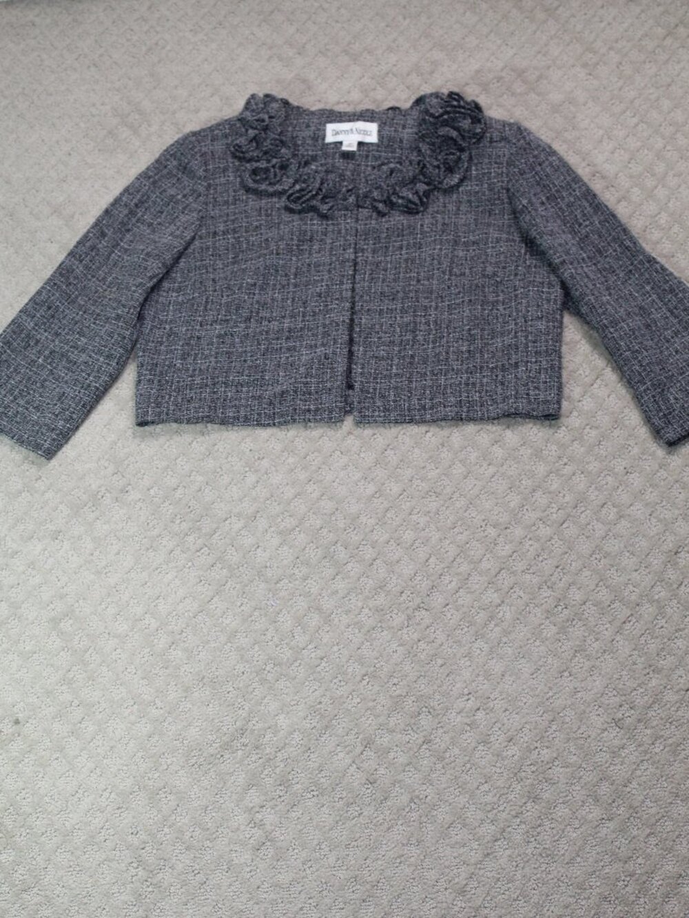Vtg 90s Danny & Nicole Size 10P Black White Tweed Cropped Ruffle Trim 3/4 Sleeve